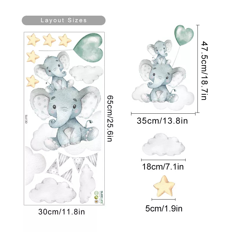 Cute Blue Moon Elephant & Stars Wall Stickers For Nursery Room Decor Removable Peel & Stick Wall Decals For Creative DIY Kid's Room Decor