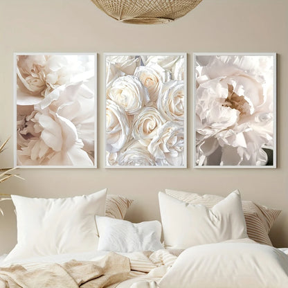 * Featured Sale * Set of 3Pcs White Petals Modern Floral Wall Art Fine Art Canvas Prints Beautiful Botanical Pictures For Living Room Bedroom Art Decor