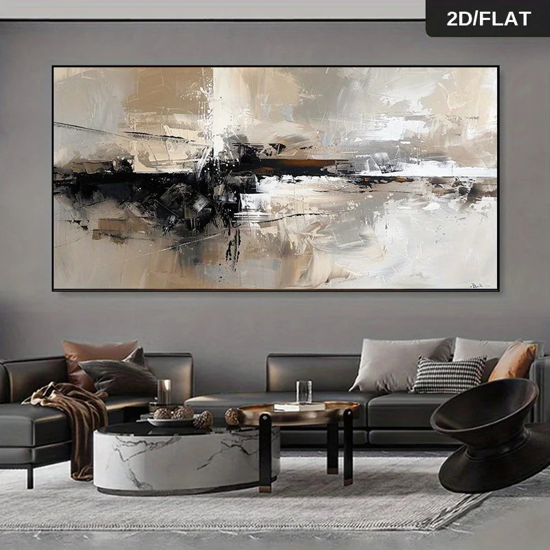 Large framed abstract wall art with sweeping black, beige, white, and gray brushstrokes, displayed above a modern gray sofa in a styled living room. 