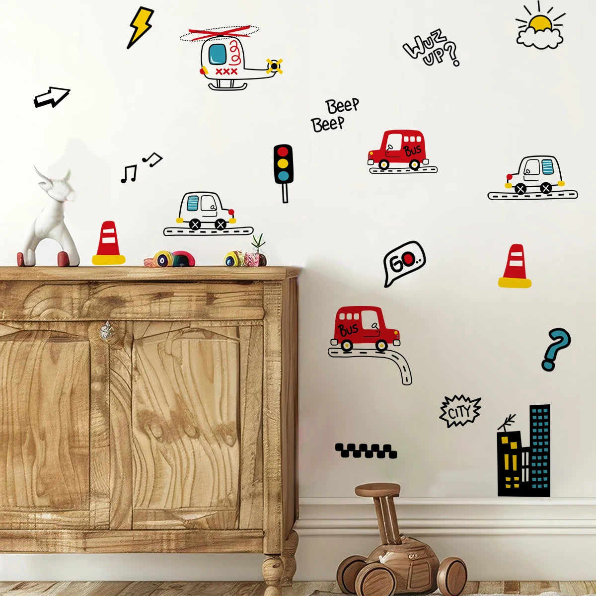 Cute Cartoon Trucks Buses & Cars Wall Stickers For Boy's Room Removable Peel & Stick PVC Wall Decals For Creative DIY Nursery Home Decor