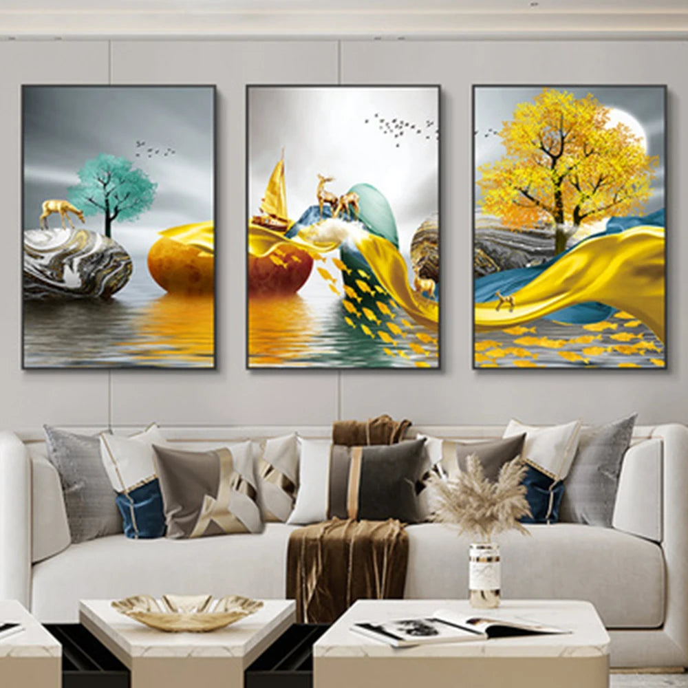 Set of 3Pcs Abstract Flowing Landscape Wall Art Fine Art Canvas Prints Auspicious Pictures For Living Room Home Office