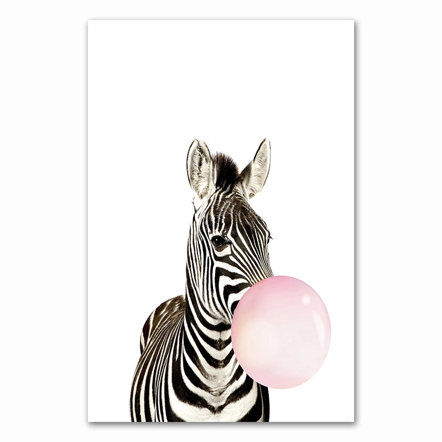 Baby Animals Pink Bubble Gum Zebra Giraffe Koala Bear Cub Cute Nursery Wall Art Fine Art Canvas Prints Posters For Baby's Room Decor