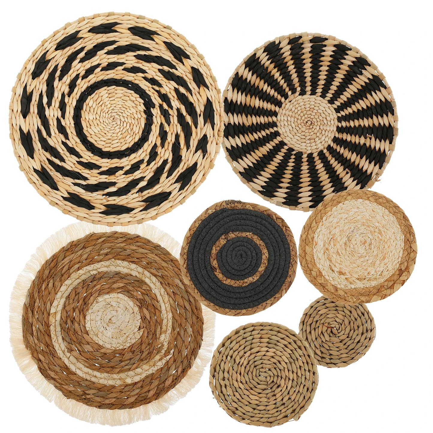 Set of 7Pcs Round Woven Wicker Wall Art Rustic Coffee Table Mat Multi-Purpose Decorative Display Pieces For Living Room Dining Room Nordic Home Decor