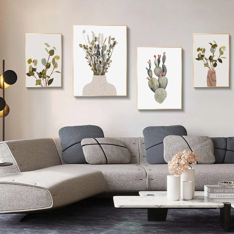 Minimalist Watercolor Cactus Potted Plant Green Leaves Wall Art Fine Art Canvas Prints Pictures For Dining Room Living Room Art Decor