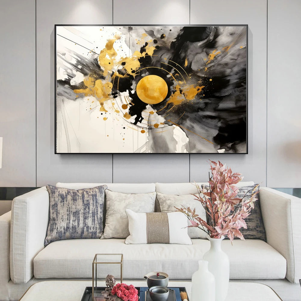 Modern Flowing Geometry Black Golden Abstract Wall Art Fine Art Canvas Prints Pictures For Living Room Dining Room Home Office Decor