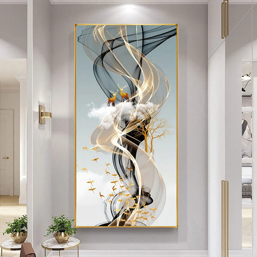 Mystical Golden Deer Flowing Landscape Wall Art Fine Art Canvas Prints Vertical Format Auspicious Nordic Pictures For Entrance Hall Decor