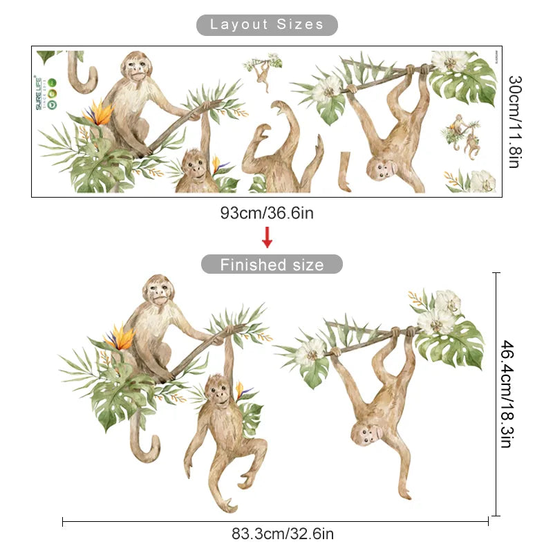 Chimps In The Tree Wall Sticker For Children's Nursery Room Removable Peel & Stick PVC Wall Decal Murals For Creative Kid's Room Decoration