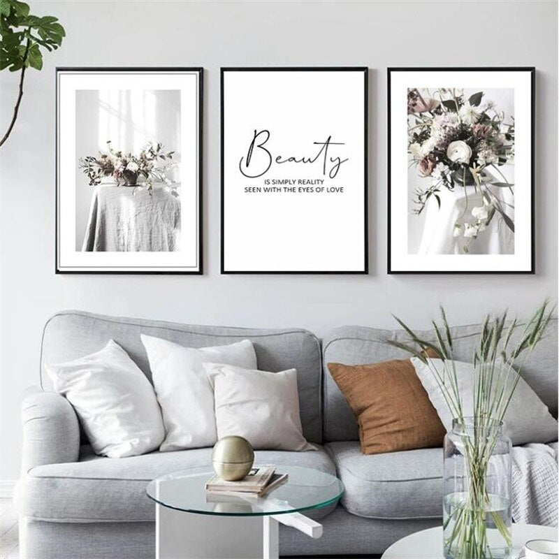 Simple Floral White Rose Peonies Wall Art Fine Art Canvas Prints Black White Botanical Pictures For Living Room Modern Interiors Home Decor