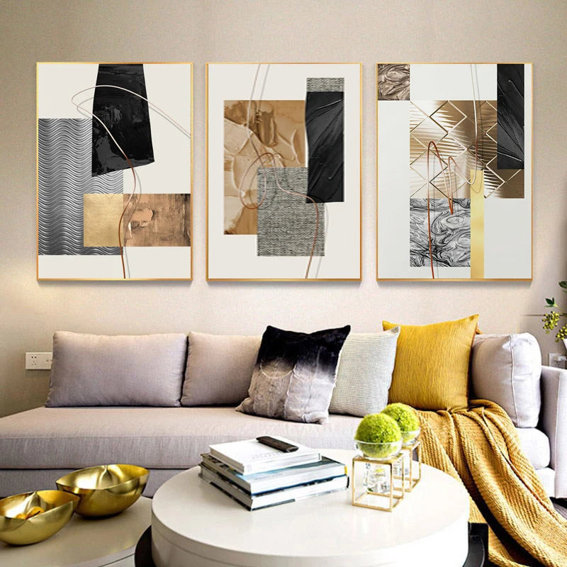 Golden Geometric Montage Abstract Wall Art Fine Art Canvas Prints Pictures For Modern Apartment Living Room Bedroom Home Office Hotel Art Decor
