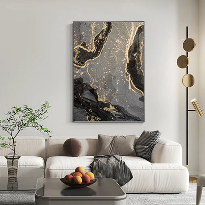 Abstract Black Gray Golden Liquid Marble Print Wall Art Fine Art Canvas Prints Pictures For Modern Apartment Living Room Home Office Decor