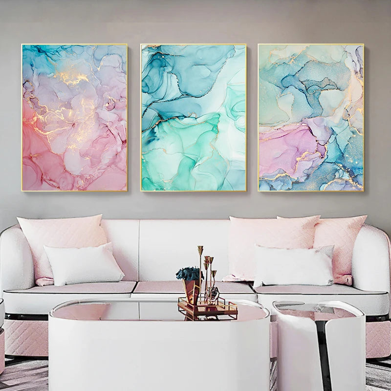 Colorful Shades Of Pink Blue Jade Liquid Marble Print Wall Art Fine Art Canvas Prints Pictures For Living Room Bedroom Hotel Salon Art Decor