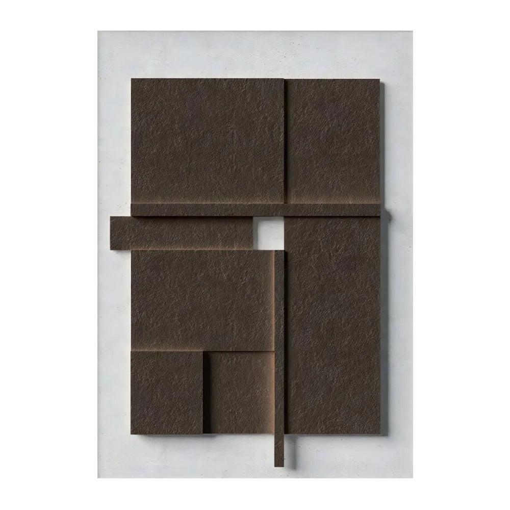 Modern wall art piece with brown geometric shapes on a white background