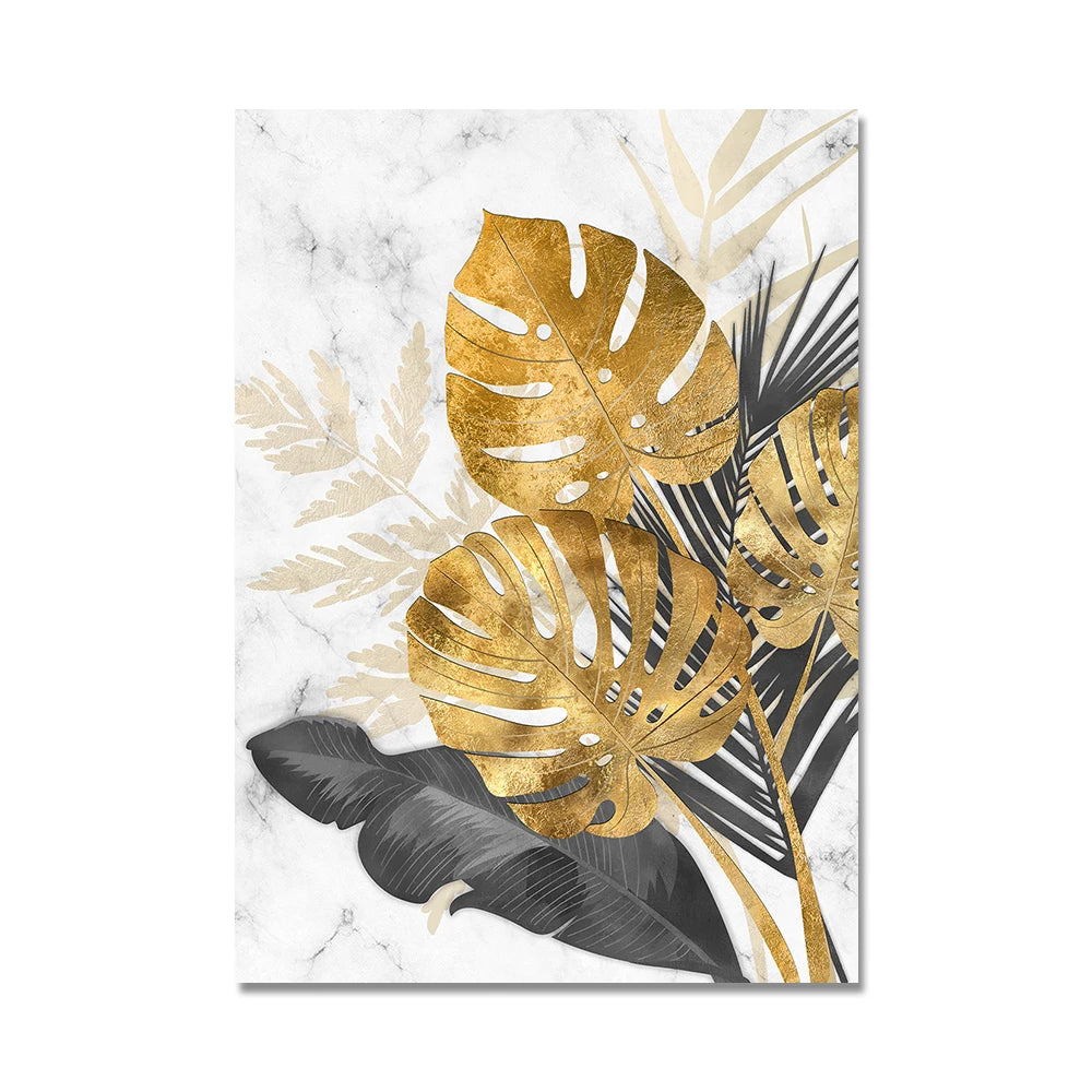 * Featured Sale * Modern Botanical Golden Tropical Leaves Wall Art Fine Art Canvas Prints Pictures For Living Room Kitchen Dining Room Wall Decor