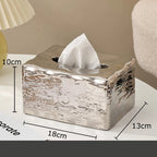 Silver tissue box with marble pattern and dimensions displayed
