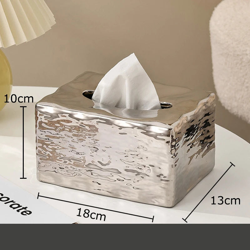 Silver tissue box with marble pattern and dimensions displayed