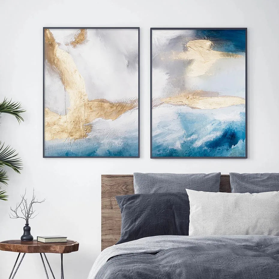 Abstract Gold White Blue Watercolor Posters Modern Wall Art Canvas Painting Print Pictures Living Room Interior Home Decoration