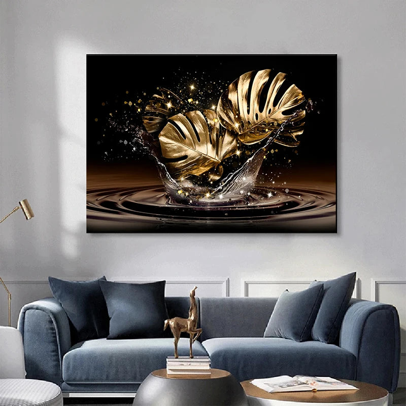 Black Golden Leaves Abstract Wall Art Fine Art Canvas Prints Pictures For Modern Living Room Dining Room Bedroom Art Light Luxury Home Decor