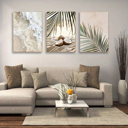 * Featured Sale * Set of 3Pcs White Waves Tranquil Beach Tropical Palm Leaves Wall Art Fine Art Canvas Prints Pictures Of Calm For Living Room