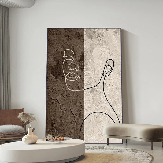 Abstract Textural Line Art Portrait Wall Art Fine Art Canvas Prints Brown Beige Color Contrast Pictures For Modern Apartment Living Room Home Decor