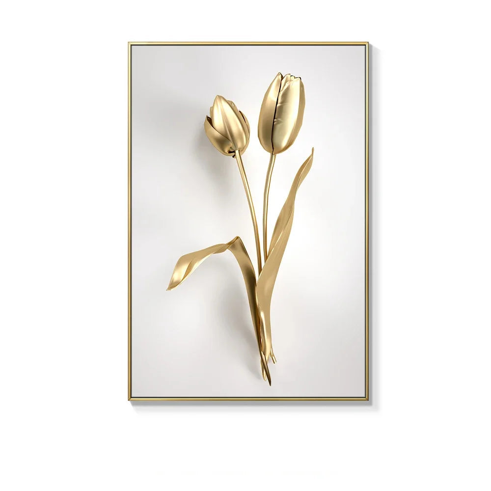 White Golden Minimalist Floral Wall Art Fine Art Canvas Prints Modern Abstract Botanical Pictures For Living Room Dining Room Home Office Decor