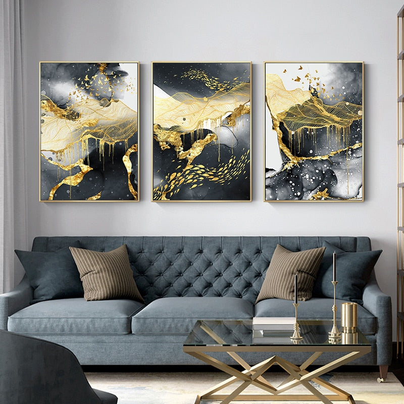 * Featured Sale * Modern Abstract Black Golden Liquid Organic Marble Wall Art Fine Art Canvas Prints For Home Office Art Decor (Set of 3)