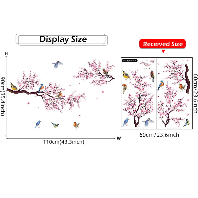 Pink Blossom Birds On The Branch Wall Mural For Bedroom Living Room Removable Peel & Stick PVC Vinyl Wall Decal For Creative DIY Home Decor