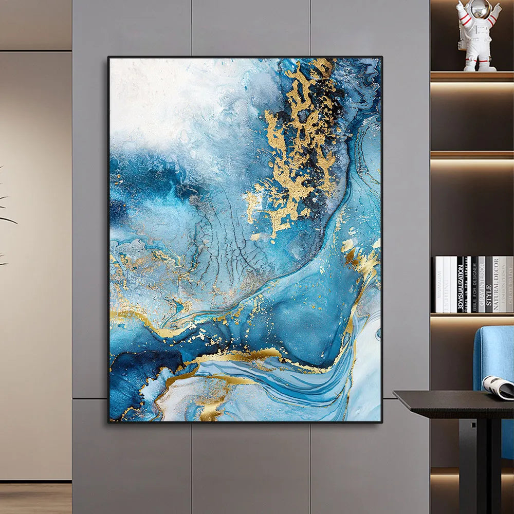 * Featured Sale * Set of 3Pcs Modern Abstract Blue Golden Liquid Marble Wall Art Fine Art Canvas Prints Elegant Pictures For Living Room Decor