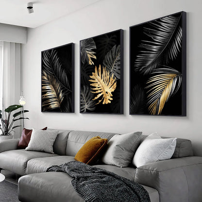 * Featured Sale * Black Golden Leaf Wall Art Fine Art Canvas Prints Modern Tropical Botanical Pictures For Living Room Bedroom Home Office Decor