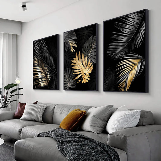 * Featured Sale * Black Golden Leaf Wall Art Fine Art Canvas Prints Modern Tropical Botanical Pictures For Living Room Bedroom Home Office Decor