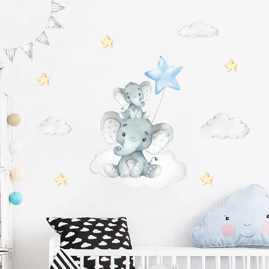 Cute Blue Moon Elephant & Stars Wall Stickers For Nursery Room Decor Removable Peel & Stick Wall Decals For Creative DIY Kid's Room Decor
