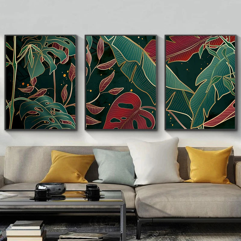 Modern Abstract Tropical Botany Wall Art Fine Art Canvas Prints Red Green Palm Leaves Posters Pictures For Living Room Hotel Room Decor