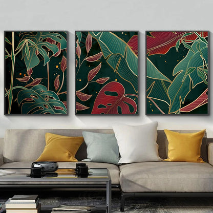 Modern Abstract Tropical Botany Wall Art Fine Art Canvas Prints Red Green Palm Leaves Posters Pictures For Living Room Hotel Room Decor