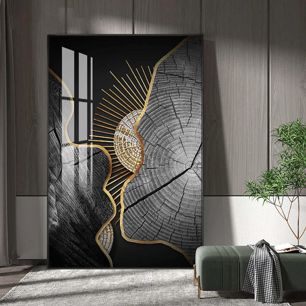 Abstract Black Golden Tree Rings Wall Art Fine Art Canvas Prints Light Luxury Pictures For Living Room Foyer Entranceway Reception Room Art Decor