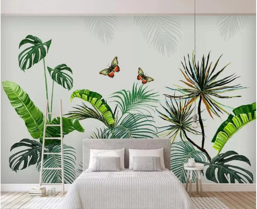 Tropical Green Leaves Wall Mural Big Size Palm Leaf Forest Exotic Foliage Green Leaf Wall Decor Custom Size Wall Covering Wallpaper For Living Room