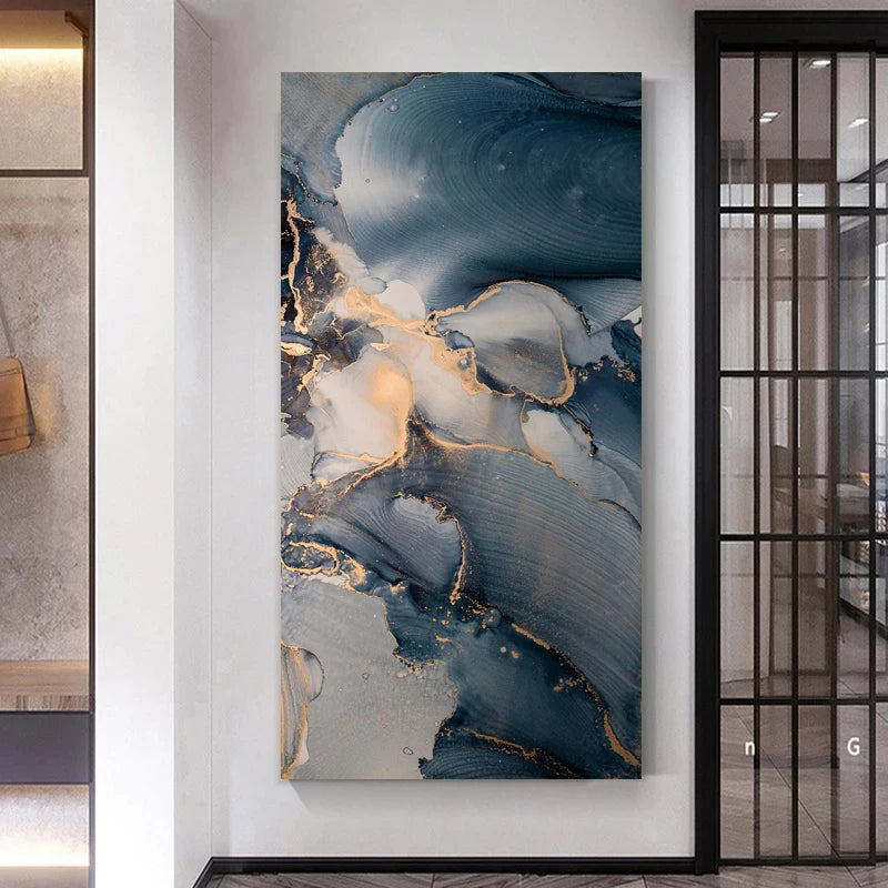 Set of 3Pcs Abstract Golden Blue Liquid Marble Print Wall Art Fine Art Canvas Prints Pictures For Modern Living Room Bedroom Home Office Decor