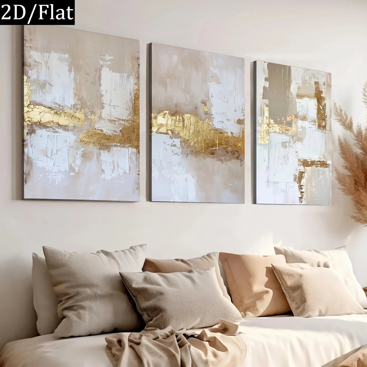 Three-piece abstract wall art set featuring textured white, beige, and gold brushstrokes, displayed above a bed with neutral beige bedding and pillows in a modern bedroom setting.