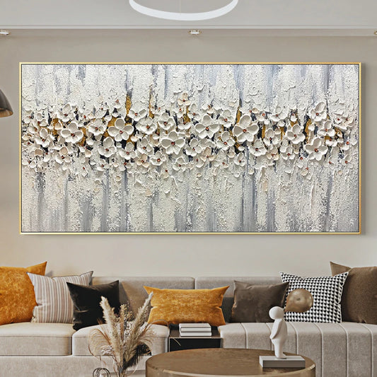 Modern Abstract Floral Oil Painting Fine Art Canvas Print Large Format Wall Art White Petal Flower Pictures For Living Room Bedroom Art Decor