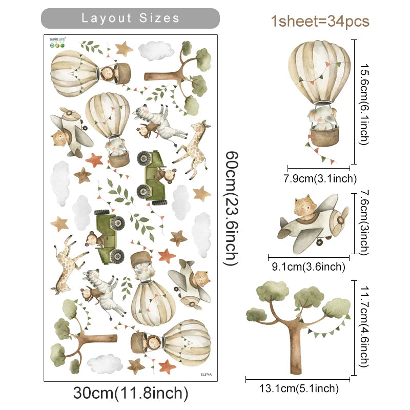 Vintage Hot Air Balloon Safari Wall Stickers For Kid's Room Removable Peel & Stick PVC Wall Decals For Creative DIY Children's Nursery Decor