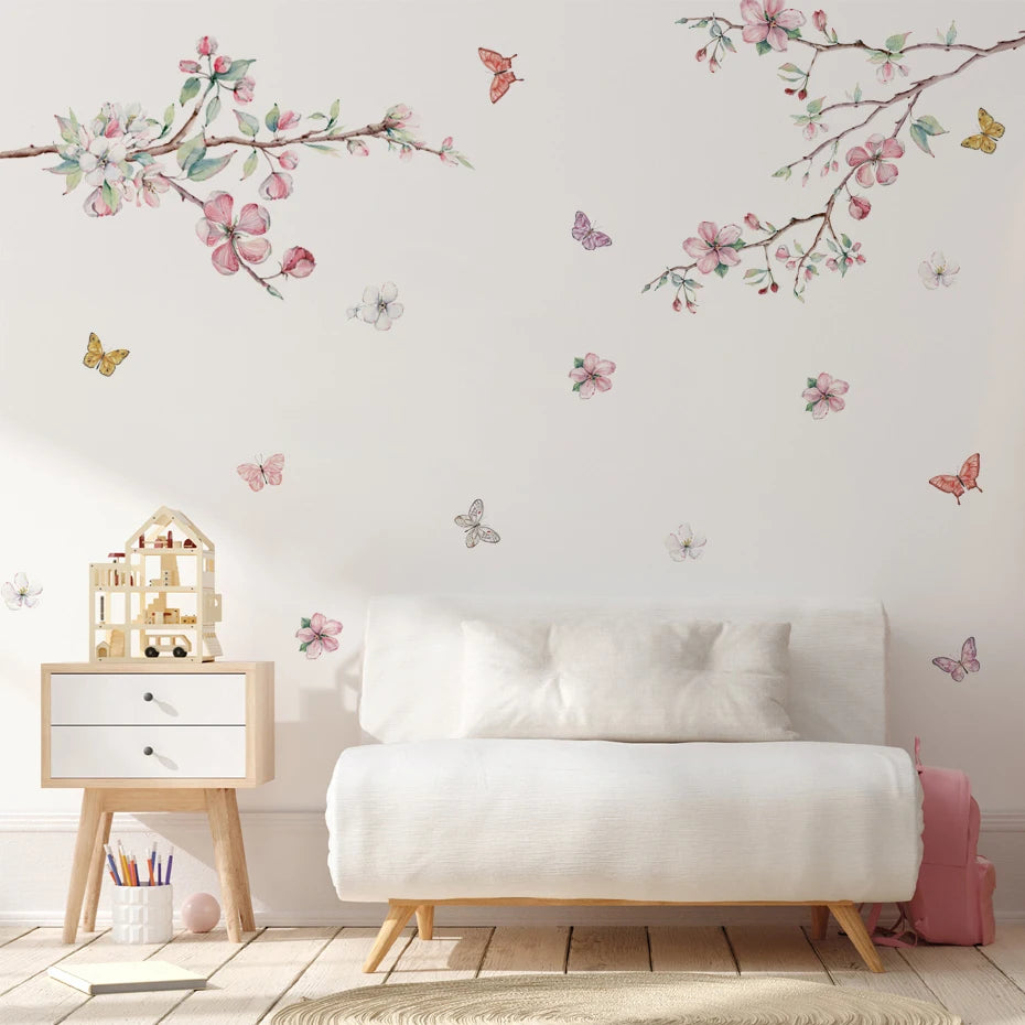 Pink Flower Butterfly Tree Branch Wall Mural Sticker Removable Peel & Stick PVC Wall Decal For Kid's Nursery Room Creative DIY Home Decoration