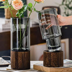 Nordic Glass Vase Cylindrical Design With Wooden Base For Kitchen Hydroponics Dining Room Table Floral Arrangements For Modern Interiors