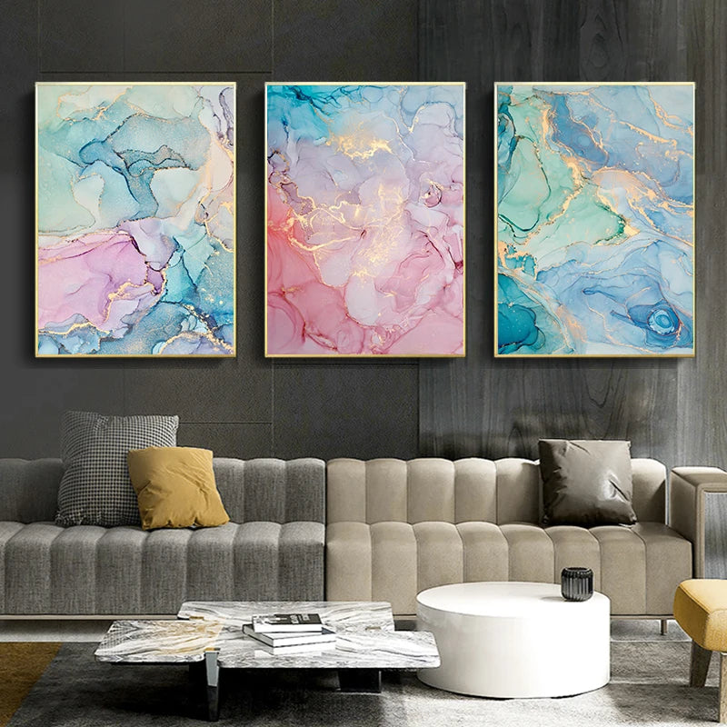 Colorful Shades Of Pink Blue Jade Liquid Marble Print Wall Art Fine Art Canvas Prints Pictures For Living Room Bedroom Hotel Salon Art Decor