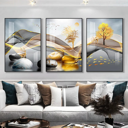 Set of 3Pcs Abstract Flowing Landscape Wall Art Fine Art Canvas Prints Auspicious Pictures For Living Room Home Office