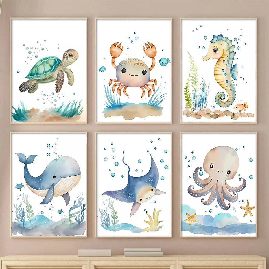 Cute Ocean Animals Seahorse Turtle Octopus Wall Sticker For Nursery Room Removable Peel & Stick PVC Wall Decals For Creative Kid's Room Decor