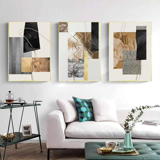 Golden Geometric Montage Abstract Wall Art Fine Art Canvas Prints Pictures For Modern Apartment Living Room Bedroom Home Office Hotel Art Decor