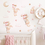 Pink Bunny Balloons Moon & Stars Wall Stickers For Kid's Room Removable Peel & Stick PVC Wall Decals For Creative DIY Children's Nursery Decor