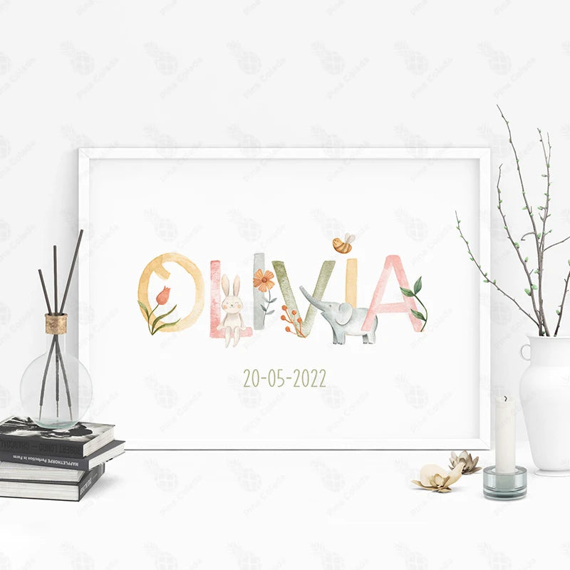 Personalized Baby Name Poster – Customized Cute Animal Nursery Wall Art Canvas Prints for Baby's Room Kids Bedroom Decor & Birthday Gift