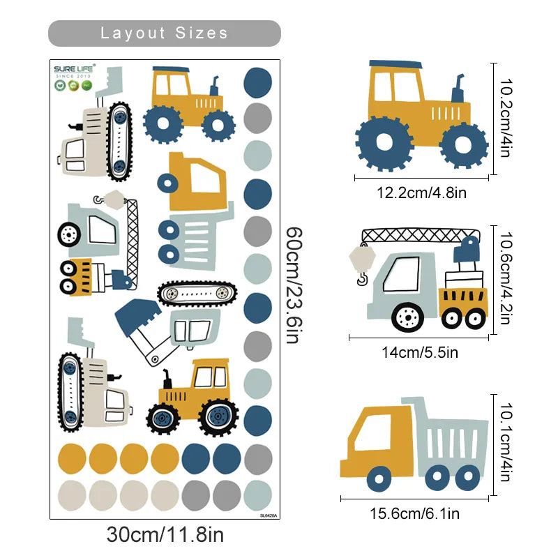 Cute Construction Tractors & Trucks Wall Stickers For Boy's Room Removable Peel & Stick Vinyl Wall Decals For Kids Bedroom Creative DIY Decor