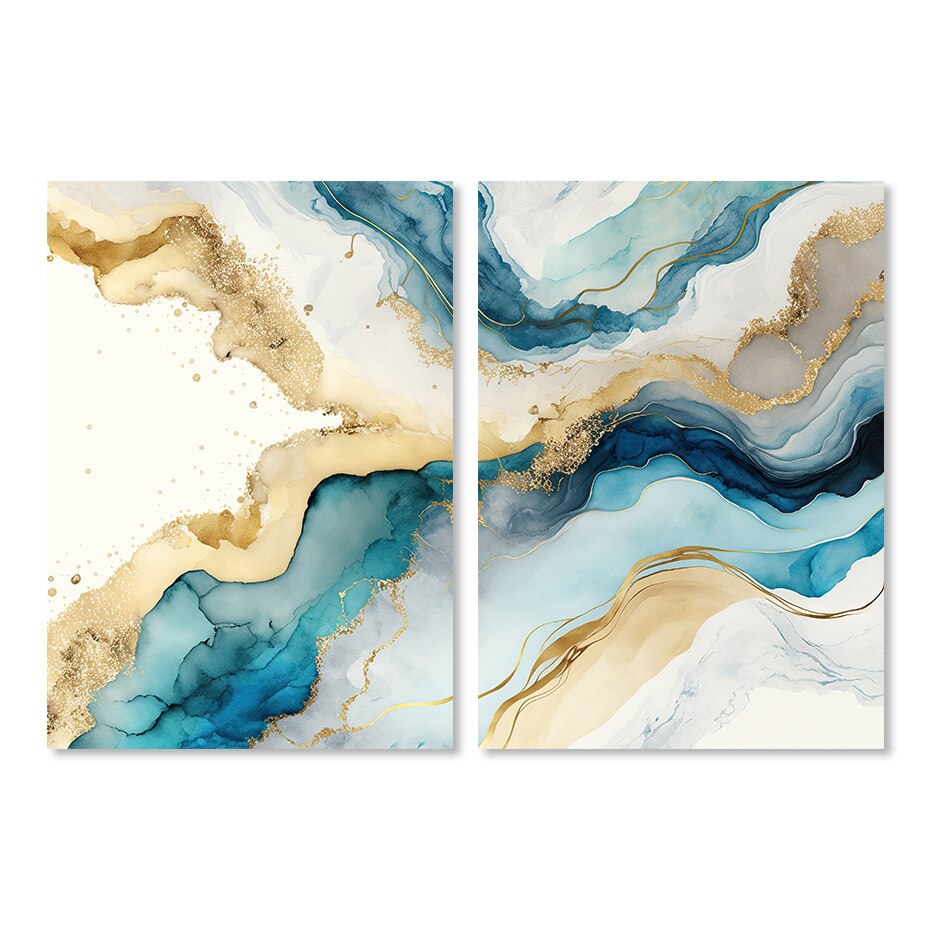 Abstract Blue Aqua Liquid Golden Marble Print Wall Art Fine Art Canvas Prints Pictures For Luxury Living Room Dining Room Home Office Decor