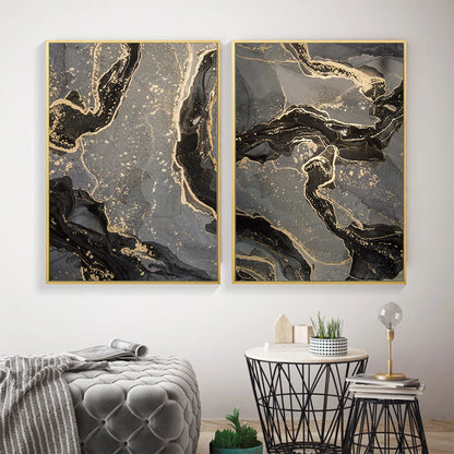 Abstract Black Gray Golden Liquid Marble Print Wall Art Fine Art Canvas Prints Pictures For Modern Apartment Living Room Home Office Decor