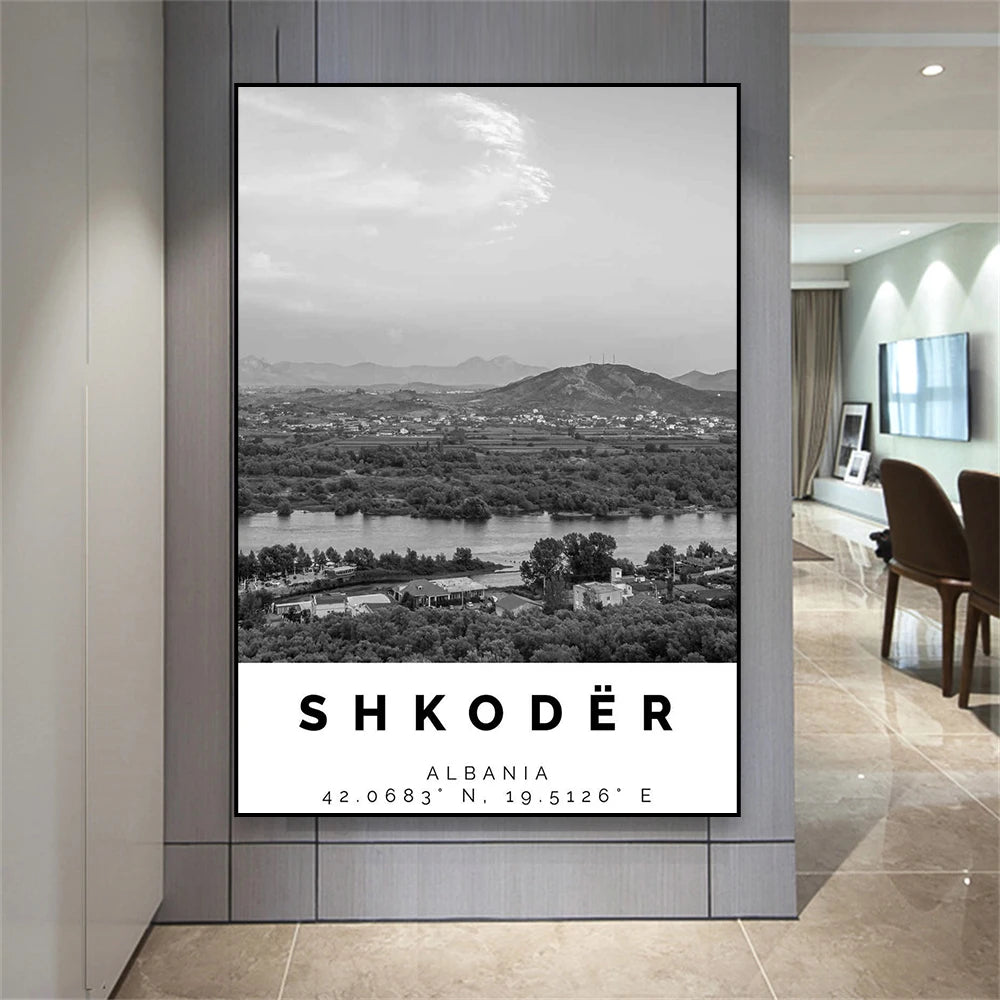 Shkoder Albania Travel Poster Black White Balkan Cityscape Landscape Wall Art Fine Art Canvas Prints Pictures For Home Office Decor